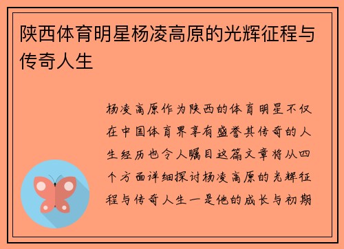 陕西体育明星杨凌高原的光辉征程与传奇人生